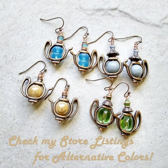 🍂🍁🍃 3/$25! Whimsical Tea Pot Dangle Earrings w. Gold/Cream Beads - Picture 5 of 6